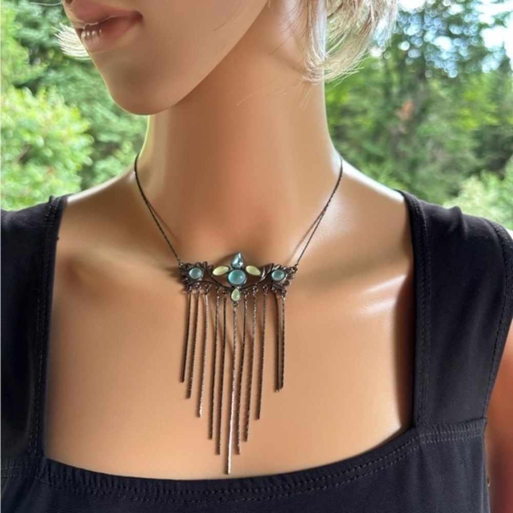 Vintage Style Blue & Yellow Cabochon Fringed Chain Choker Necklace